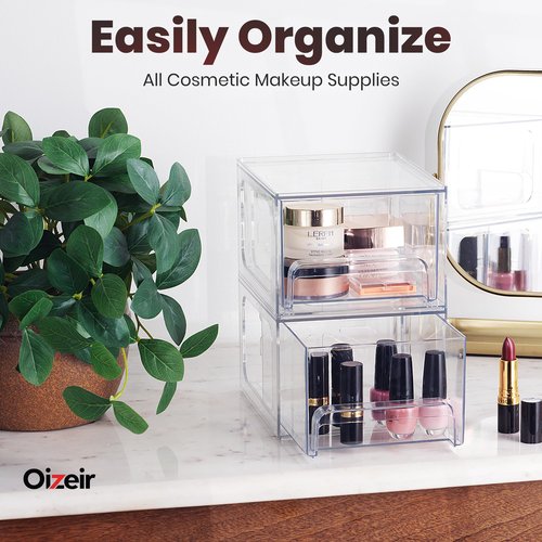 Oizeir Clear Stackable Storage Drawers - 2-Pack Acrylic Makeup Organizer Bins for Vanity, Bathroom, Countertop, Cabinet, or Kitchen - Perfect for Cosmetics, Office, and Small Item Organization