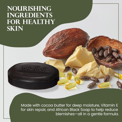 Madina African Black Soap Bar – Cocoa Butter, Vitamin E, Moisturizing, Skin-Restoring, Marks & Blemishes, Face & Body Cleanser, 100% Vegetable-Based, Halal, 6 Pack (3.5 oz Each)