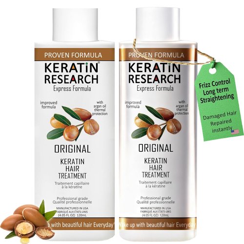 KERATIN RESEARCH Brazilian Keratin Hair Straightening Treatment - Professional Organic Smoothing for Shiny, Natural-Looking Hair (X2)