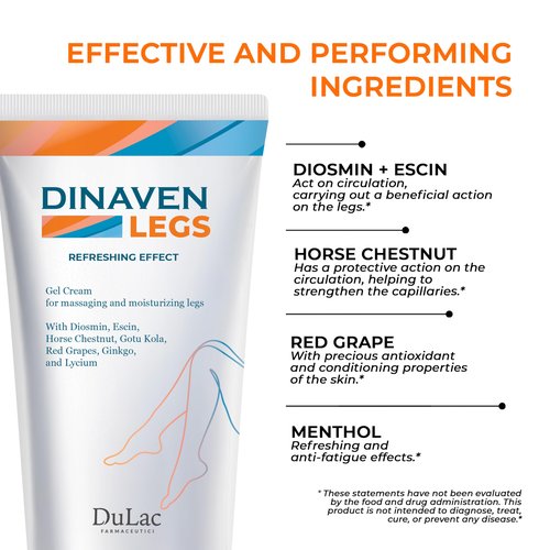 Dulac, Dinaven Legs Gel Cream, Cooling & Refreshing, with Diosmin & Menthol, Horse Chestnut Extract, Butcher's Broom & Red Vine, Fast-Absorbing, Non-Greasy, Daily Leg Care, 6.76 fl oz, Made in Italy