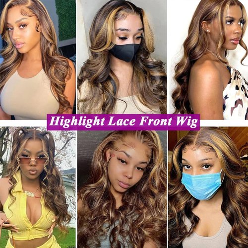 Puoonn Synthetic Lace Front Wigs for Black Women 13X4X1 Highlight Body Wave HD Transparent Lace Front Wigs with Pre Plucked Natrural Hairline and Baby Hair for Women