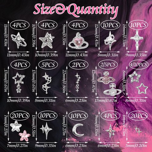 RODAKY 128PCS Silver Nail Charms Cross Star Charms for Nails 3D Saturn Planet Nail Jewelry Pink Nail Rhinestone Gems Mixed Style Y2K Nail Decoration Manicure Design Nail Accessories