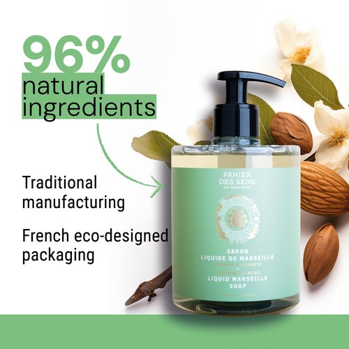 Panier des Sens - Soothing Almond Moisturizing Liquid Hand Soap - French Provence Hand Wash - Savon de Marseille Soap with Olive Oil - Refillable Bottle - 96% Natural Ingredients - 16.9 Fl Oz