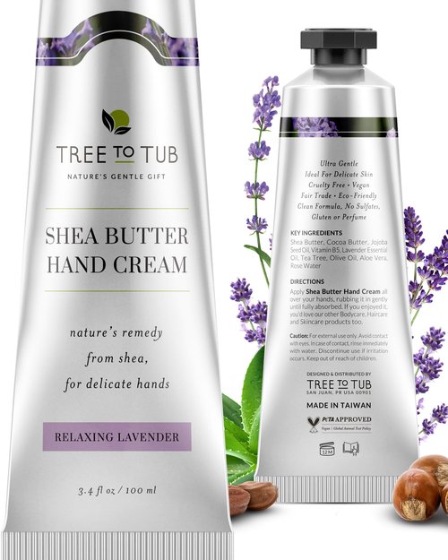 Tree to Tub Shea Butter Hand Cream for Dry Cracked Hands - Moisturizing Sensitive Skin Hand Lotion for Women & Men, Non-Greasy Vegan Hand Moisturizer w/Organic Cocoa, Aloe Vera, All Natural Lavender