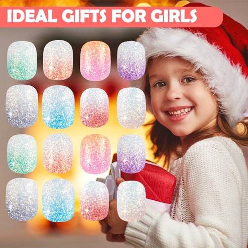 240 Pieces Fake Nails for Kids Girls Artificial Kids Press on Nails Full Cover Short Acrylic Stick On Nails False Nail Tips Kit for Children Little Girls Nail Art Decoration (Sparkle)