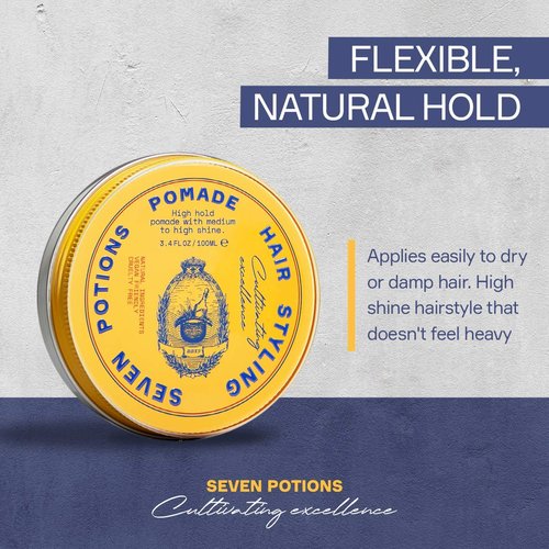 Seven Potions Men’s Hair Pomade - High Shine & Hold | Water-Based, Vegan & Cruelty-Free - 3.4 fl oz / 100ml