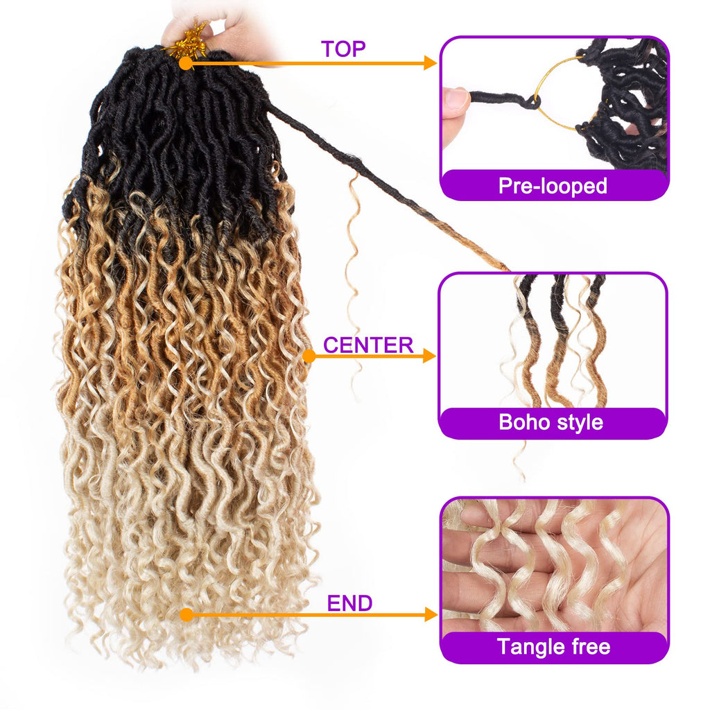 ZRQ 8 Packs Goddess Locs Crochet Hair 18 Inch Ombre Boho Faux Locs Crochet Braids 613, 3 Tone Pre Looped Bohemian Locs River Soft Locs Crochet Hair Synthetic Boho Faux Locs 1B27613#