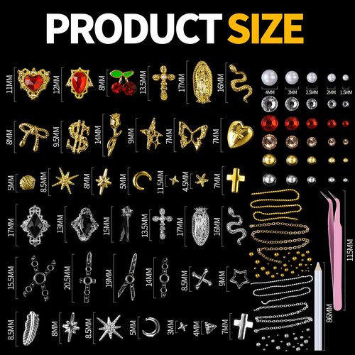 Teenitor Nail Charms and Gems with Nail Stickers, 6 Boxes Silver & Gold Nail Gems and Rhinestones Kit for Women, 3D Nail Art Rhinestones Nail Pearls, Caviar Beads for Nails,Y2K & Cross Nail Charms