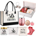 Locmeo 11 Pcs 50TH Birthday Gifts Sets for Her Include Tote Bag Makeup Bag Ring Tray Wine Tumbler Scented Candle Keychain Socks for Women Mom Wife Sister Coworker Happy 50 Birthday Valentines Gifts