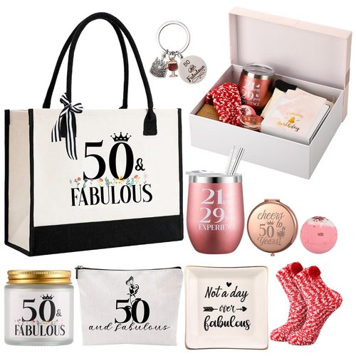 Locmeo 11 Pcs 50TH Birthday Gifts Sets for Her Include Tote Bag Makeup Bag Ring Tray Wine Tumbler Scented Candle Keychain Socks for Women Mom Wife Sister Coworker Happy 50 Birthday Valentines Gifts