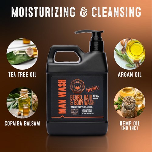 GIBS Grooming Amber 3 in 1 Body Wash For Men, Beard & Hair Moisturizing and Cleansing Liquid Body Wash Liter - Sulfate and Paraben Free