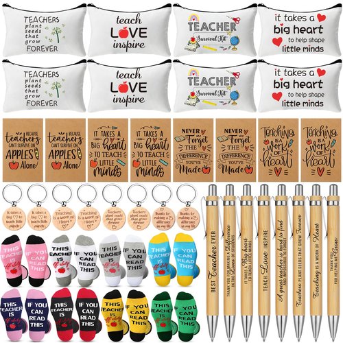 Fulmoon 40 Pcs Teacher Appreciation Gifts Teacher Valentines Gifts Bulk Socks Makeup Bags Keychains Motivational Notebooks Ballpoints(Wood Color,Teach Love Inspire)