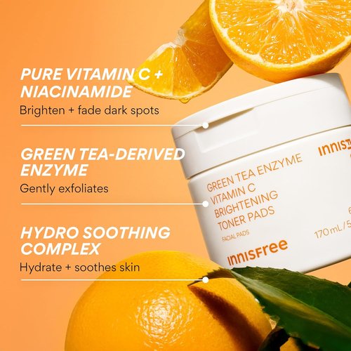 Innisfree Green Tea Enzyme Toner Pads - Brightening Face Pads for Dark Spots & Radiance