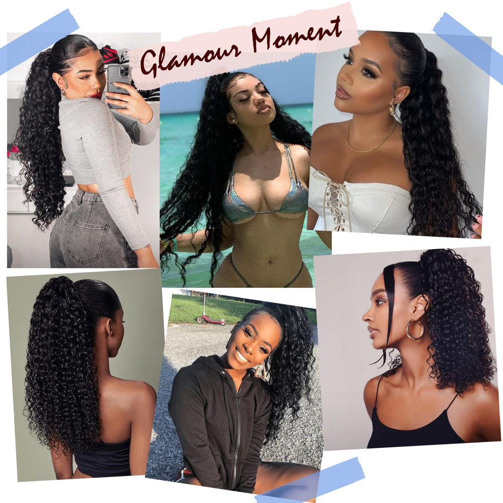 Yacurcur Water Wave Drawstring Ponytail Brazilian Remy Human Hair Ponytail Extensions for Black Women Ponytail Extension Human Hair Pieces Natural Black 16 Inch