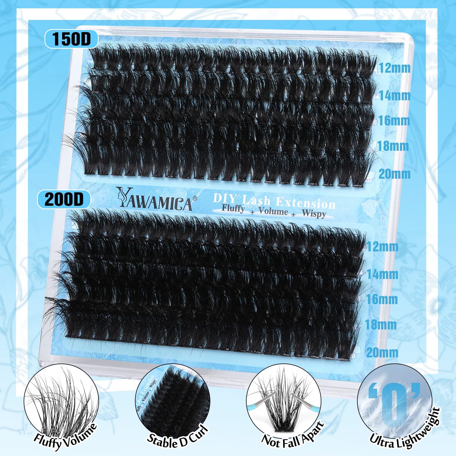 Yawamica Lash Extension Kit Fluffier 150D+200D Lash Clusters Eyelash Extension Kit 12-20mm Individual Lashes with Lash Bond, Lash Remover, Lash Tweezers for DIY Lashes Extension(150D+200D-12-20MM Kit)