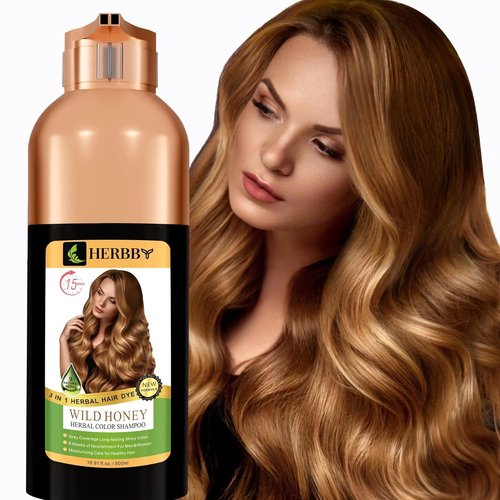 HERBBY Hair Color Shampoo - Gray Hair Coverage & Color Transformation with 9 Herbal Extracts | Long Lasting (6-8 Weeks), 500ml (Wild Honey Color)