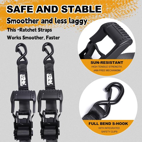 5208LB Heavy Duty Ratchet Straps - 1.5” x 16FT Tie Down Straps with Safety S Hooks for Trucks, Trailers, ATV - Black (2 Pack)