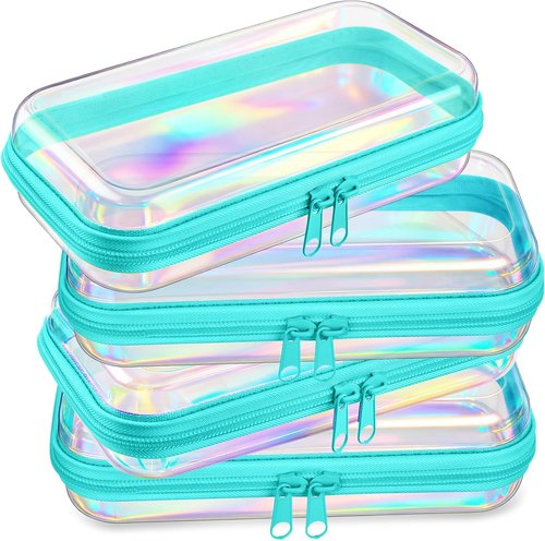 Hoolerry Clear Zipper Makeup Bags - 4 Pcs Transparent Storage Pouches for Cosmetics & Snacks | 7.5 x 3.9 x 2 in, Blue Laser