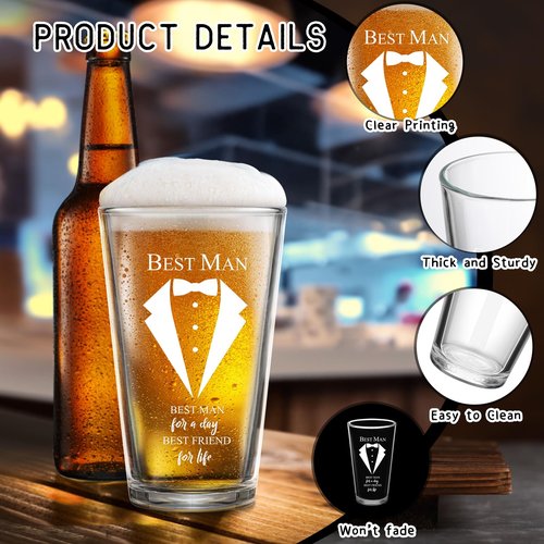 Qinyoung 7 Pcs Best Man Gifts Wedding Proposal Gift for Groomsman 16 oz Beer Glass Cup Bottle Cap Opener Socks Multi Tool Ballpoint Pen with Greeting Card Black Envelope Box(Best Man)