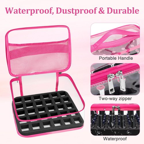 Subay Nail Polish Organizer, Clear Nail Polish Storage Organizer Case Holds 30 Bottles, Portable PVC Nail Travel Bag for Nail Polish Display, Nail Supplies Kit Bag for Nail Tech Organization, Rose Red