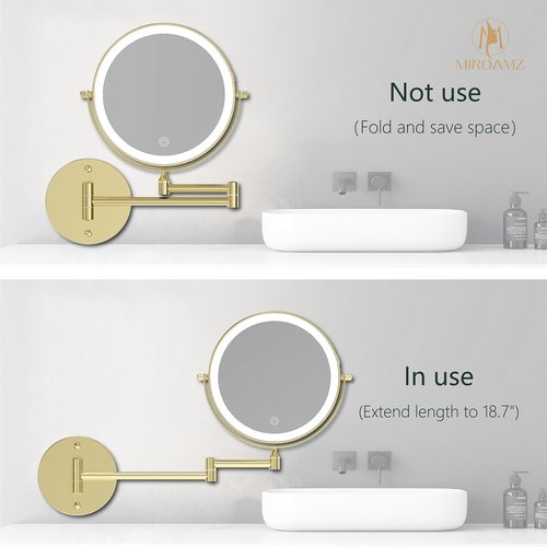 MIROAMZ Rechargeable Wall Mounted Lighted Makeup Vanity Mirror 9 Inch Double Sided 1X 10X Magnifying Bathroom Mirror, 3 Color Lighting, Touch Screen Dimming, 360 Rotation Shaving Mirror Gold