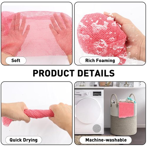 QOPAHI Knotted African Net Sponge, Stretchable African Exfoliating Net with Knots, African Wash Cloth Body Shower Scrubber Nylon Back Scrubber Bath Sponge, Stretch Length to 170cm(Black+Pink)