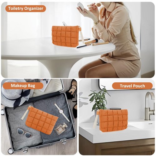 DOB SECHS Puffer Quilted Makeup Bag with Handle, Cute Puffy Cotton Cosmetic Bags for Women, Mini Checkered Toiletry Zipper Pouch, Travel Essentials Storage Organizer Clutch Pouches Pencil Case, Orange