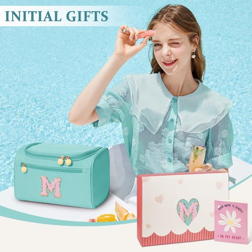 COSHAYSOO Travel Gifts for Women Travelers Trip Unique Initial Hanging Toiletry Bags, Personalized Gifts for Female Friend Friendship Wife Girlfriend Anniversary Bestie Birthday Party Favor Teal M