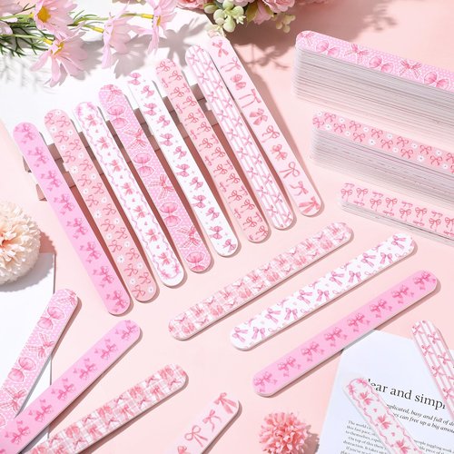 Lanties 60 Pack Pink Coquette Party Favors Bulk Bow Nail Files Coquette Birthday Wedding Party Supplies Gifts Double Sided 180 Grit Emery Board for Guests Bachelorette Bridal, 10 Designs