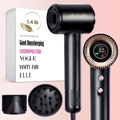 ELLA BELLA® Compact Plasma Hair Dryer - Advanced Technology, Rapid Drying & Low Noise | Includes Diffuser & Travel Bag