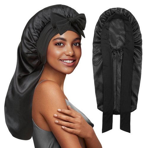 PHILIGHTS Long Satin Bonnet with Tie Band, Reversible Silk Sleep Bonnet for Women, Double Layer for Braids & Curly Hair