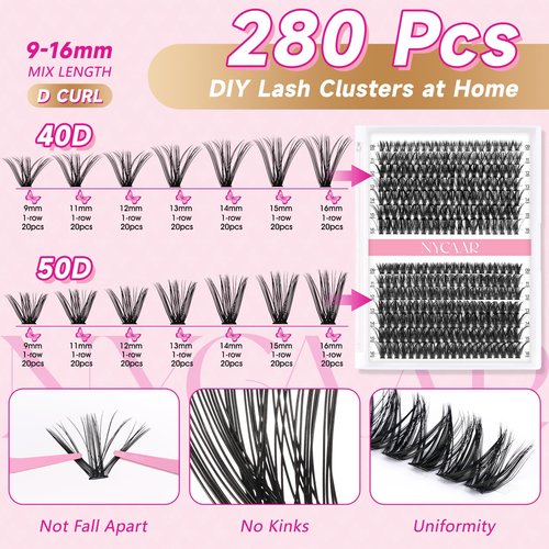 NYCAAR DIY Lash Extension Kit 280Pcs Individual Eyelash Extension Kit 40D50D 0.07D Curl 9-16MIX Lash Clusters Kit with Lash Glue Remover Applicator Easy to Use for Beginners
