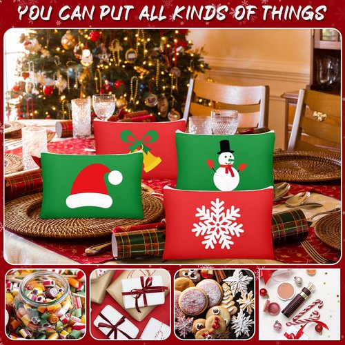 SilTriangle 12 Pcs Christmas Makeup Bags Christmas Canvas Cosmetic Bags Bulk 9 x 6 Inches Pencil Pouch with Zipper Travel Toiletry Pouch for Women Winter Holiday Xmas Party Favor Gift (Classic Style)