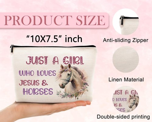 kdqua Horse Gifts for Girls Horses Makeup Bag, Just a Girl Who Loves Horses, Pink Funny Gifts for Horse Lovers women, Cowgirl Equestrian Gifts Linen Cosmetic Bag Zipper Pouch Travel Toiletry Bag