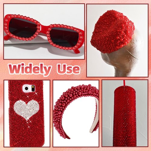 9000 Pcs Red Flatback Pearls and Rhinestones for Crafts, 3/4/5/6mm Jelly Resin Rhinestones, Mixed Size 3/4/6/8mm Half Pearl Bedazzling Gems for Nail DIY Crafts Mugs Bottles Tumblers Clothes Makeup