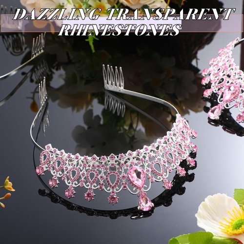 Loetere 12 Pcs Crystal Tiara and Princess Crown with Comb Crown Rhinestone Women Tiara Headpiece Queen Hair Accessories for Birthday Party Wedding Prom Halloween Cosplay Costume(Pink)