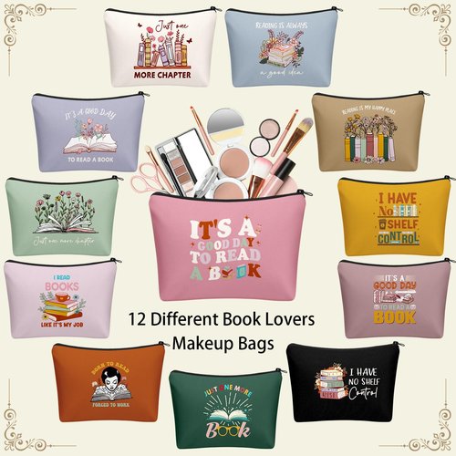 Sunnymove 12 Pcs Book Lover Makeup Bags Book Club Gifts for Women Novelty Bookish Cosmetic Bag with Zipper Pouch for Teen Adult Bookish Librarian Reader Gifts (Boho Style)