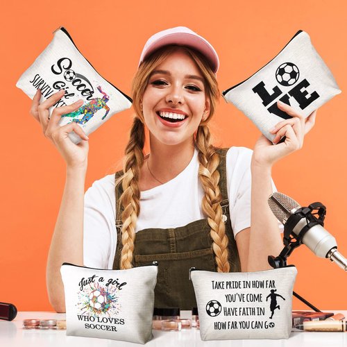 Geosar 4 Pieces Soccer Gifts Makeup Bag for Women Mom Team Inspirational Gift for Soccer Player Sports Lover Zipper Cosmetic Bags Travel Cosmetic Pouch for Birthday Graduation Christmas