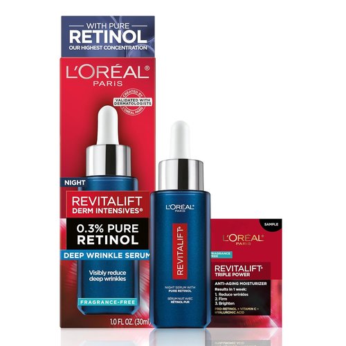 L'Oreal Paris Revitalift Night Serum - 0.3% Pure Retinol for Deep Wrinkle Reduction | Fragrance-Free 1 oz + Moisturizer Sample