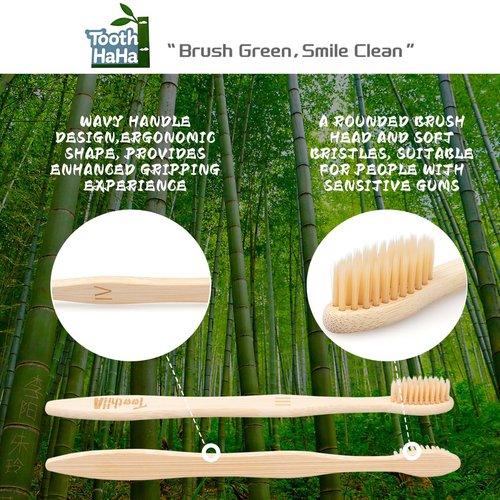 Tooth HaHa Bamboo Toothbrushes for Adults, BPA-Free Soft Tapered Bristles, Eco-Friendly Natural Organic Wooden Toothbrush, 10-Count Toothbrushes Travel Set
