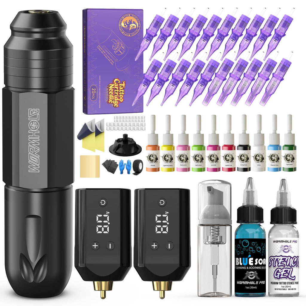 Wormhole Wireless Tattoo Gun Kit, Professional Rotary Tattoo Machine with Dual 1200mAh Batteries, Tattoo Inks, Tattoo Pen, Tattoo Practice Skin, Needles & Complete Accessories Tattoo Kit for Beginners