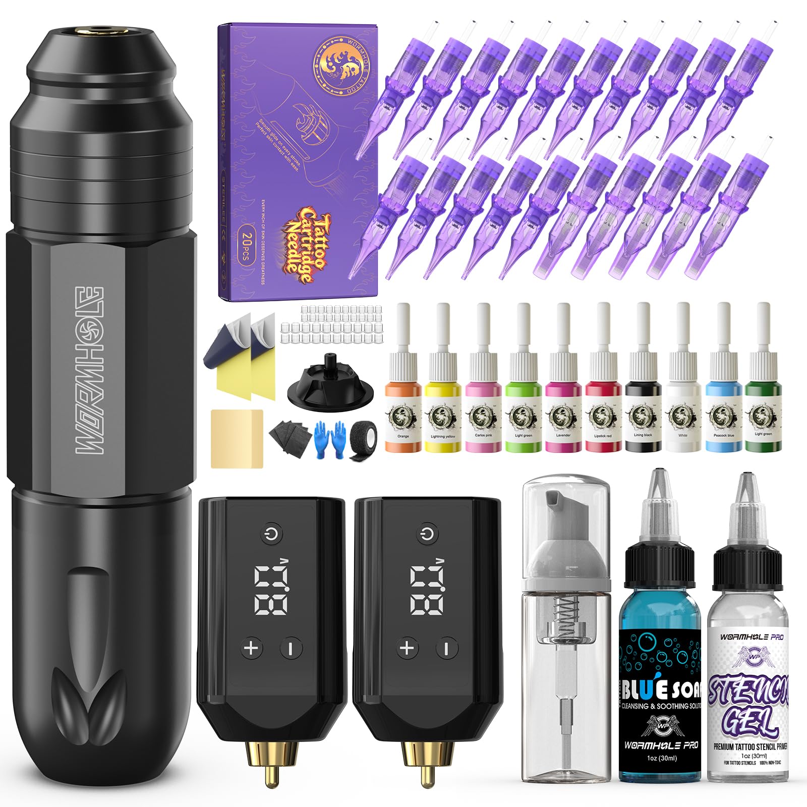 Wormhole Wireless Tattoo Gun Kit, Professional Rotary Tattoo Machine with Dual 1200mAh Batteries, Tattoo Inks, Tattoo Pen, Tattoo Practice Skin, Needles & Complete Accessories Tattoo Kit for Beginners