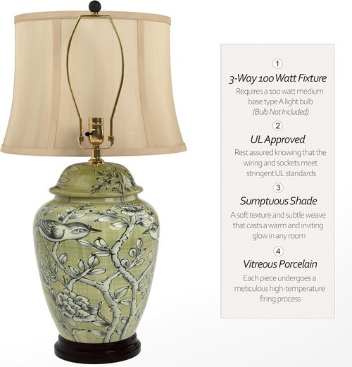 Red Lantern 25-Inch Jade Green Birds and Flowers Table Lamp - Elegant Home Décor Accent
