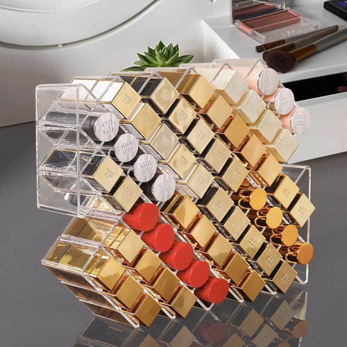 LYTDMSKY Acrylic Lipstick Holder, Clear Perfume Organier 28 Slots, Lip Gloss Organier, Stackable Fish Shape Lipstick Tower, Display Case for Mini Rollerball Perfume