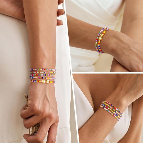 M MOOHAM Colorful Beaded Initial Bracelets - Cute Stretch Heart Letter Jewelry for Girls | 5PCS Set