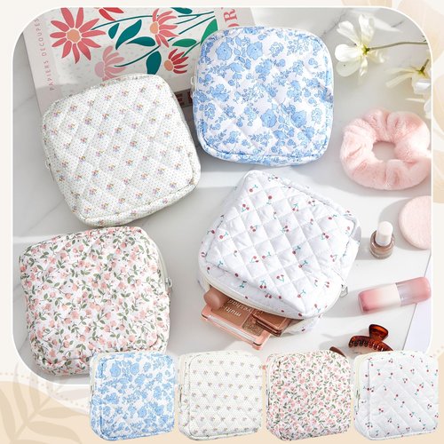 Abbylike 4 Pcs Floral Makeup Bag Cosmetic Bag with Zipper Portable Small Pouches for Purse Toiletry Mini Pouch Cute Mini Makeup Purse for Coin Essentials Items Women (Cute)