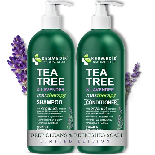 KESMEDIK Tea Tree Lavender Shampoo & Conditioner Set - Soothes Dry Scalp, Sulfate & Paraben-Free, 16 fl oz Each