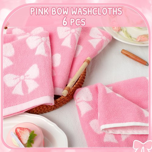 SmoothNovelty 6 Pcs Pink Bow Washcloths 100% Cotton Wash Cloths 13" x 13" Coquette Small Face Towels Absorbent Soft Hand Bath Towels for Bathroom, Spa, Kitchen Drying Cleaning(Cute Style)