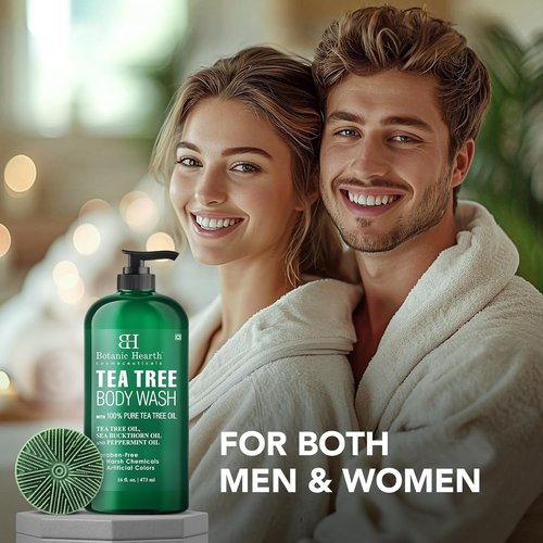 Botanic Hearth Tea Tree Body Wash - Infused with 100% Pure Tea Tree Oil & Coconut | 16 fl oz Cleanser with Dual-Sided Brush