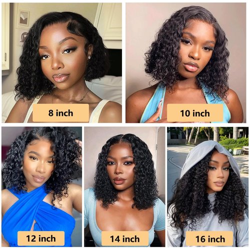 Espive 8Inch Deep Wave Bob Wig Human Hair 13x4 Frontal Lace Wig 220% Density Short Bob Wigs Human Hair for Black Women Natural Hairline Glueless Curly Bob Wig With Baby Hair Natural Black